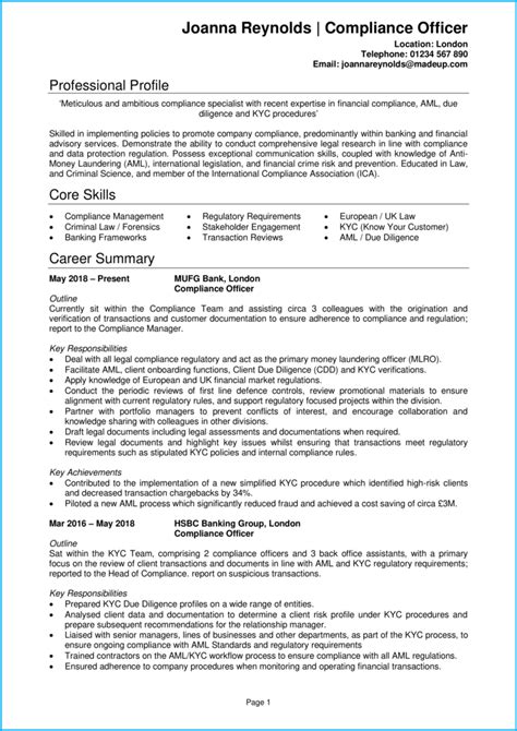 Compliance Officer Cv Examples Uk Curriculum Vitae Template