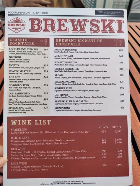 Menu at Brewski pub & bar, Bangkok