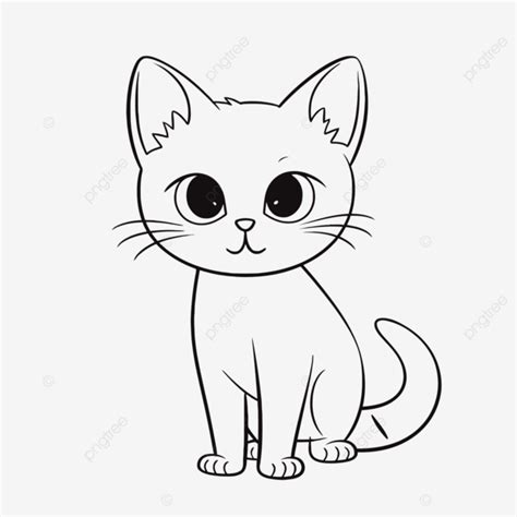 Cartoon Cat Coloring Page With Large Eyes Vector, Basic Simple Cute Cartoon Simple Cat Outline ...