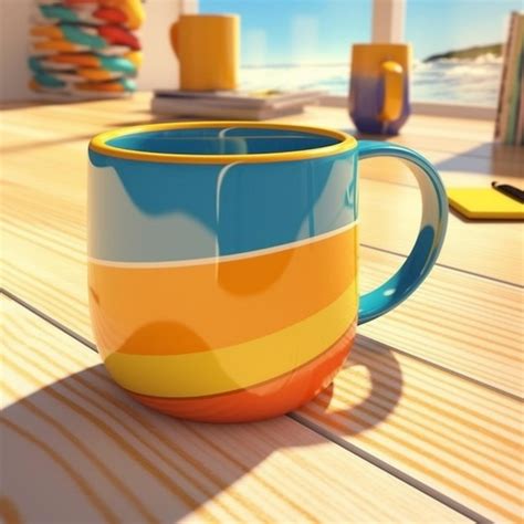 Premium Photo There Is A Colorful Coffee Cup Sitting On A Wooden