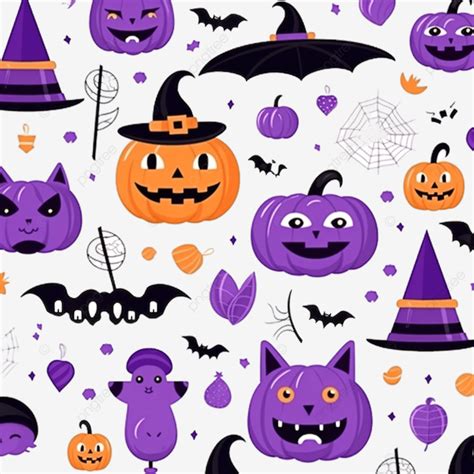 Purple Seamless Pattern Of Cute Halloween Symbols Black Cat Eyes Witch