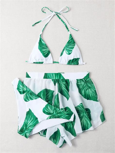 Leaf Print Triangle Bikini Set With High Waist Bottoms Stylish Beach
