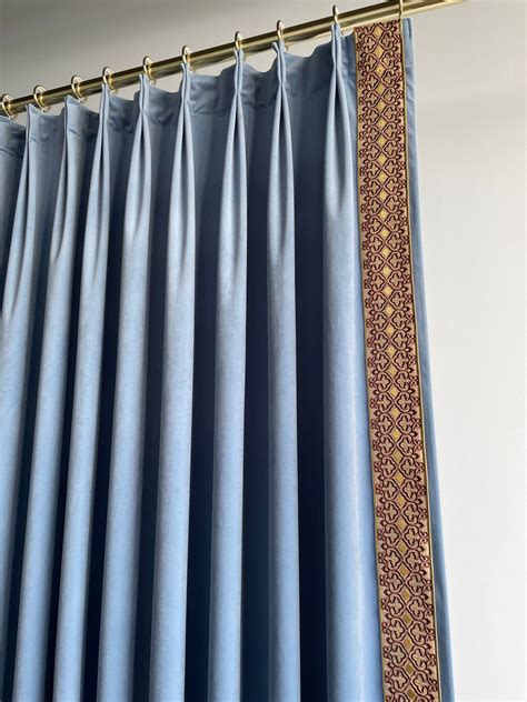 Blue Velvet Curtain Panelspleated Curtains With Brown Trimcustom Size