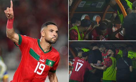 Morocco's Youssef En-Nesyri celebrates his goal from the BENCH