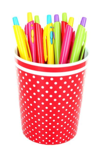 Premium Photo Colorful Pens In Red Polkadot Plastic Cup Isolated On