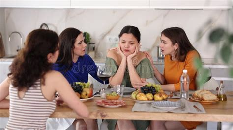 At Cozy Home Gathering Attentive Female Friends Comforting And