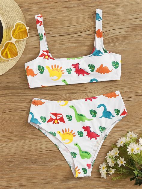 Cartoon Dinosaur Print High Leg Bikini Swimsuit Shein Uk Bikini Hot