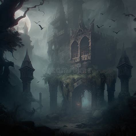 The Surroundings Of A Gloomy Gothic Castle In The Fog Stock