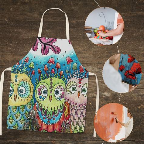 Printed Linen Apron Owl Waterproof Kitchen Cooking Bibs Oilproof