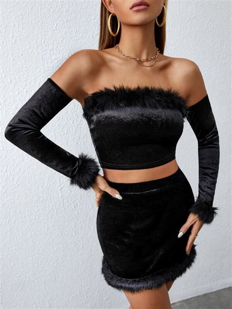 Shein Bae Fuzzy Trim Crop Velvet Tube Top Bodycon Skirt Sleeves