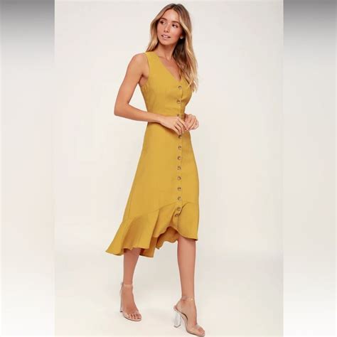 Lulus 💛 When We First Met Mustard Yellow Button Front Midi Dress 2024