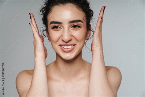 Image Of Smiling Half Naked Woman Posing With Throwing Up Hands Stock Foto Adobe Stock