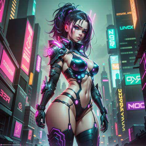 Cyberpunk Woman In Bikini Armor In Neon City At Night Intricate