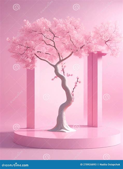 Minimal Display Podium For Product Presentation With Cherry Blossom Tree On Pastel Pink