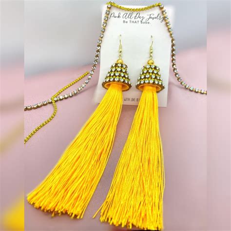 Yellow Tassel Earrings With Rhinestone Capyellow Silk Tassel Earrings