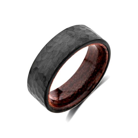 Koa Wood Wedding Ring Hammer Finish Satin Black Brushed Tungsten