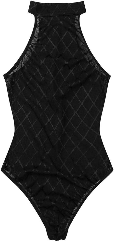 Amazon Hansber Women S Sheer Mesh Fishnet Teddy Lingerie Bodysuit Crotchless Halter Thong
