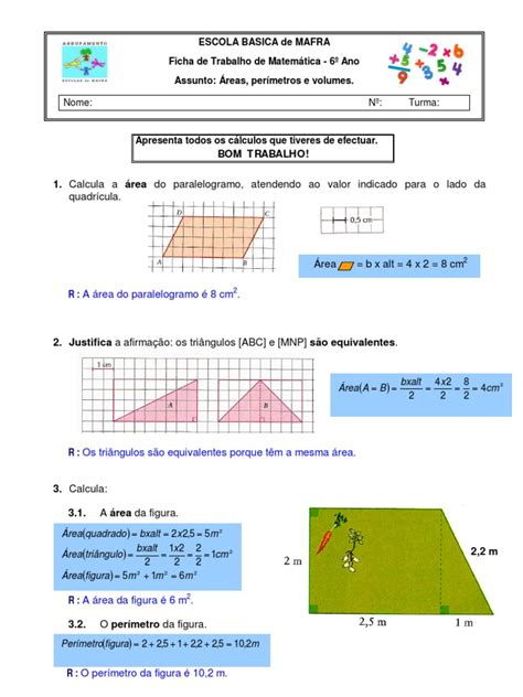 lista exercicio matematica 6 série área volume e perimetro