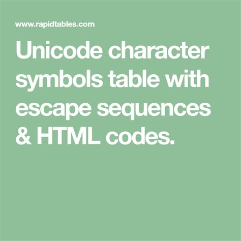 Unicode Character Symbols Table With Escape Sequences And Html Codes Unicode Character