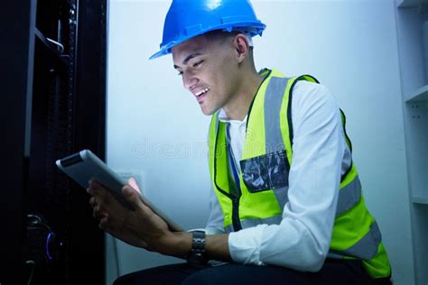 Happy Man Tablet Or Server Room Technician Engineer And Smile For