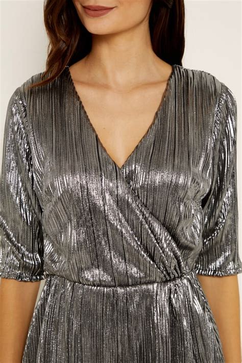 Silver Metallic Plisse Wrap Dress