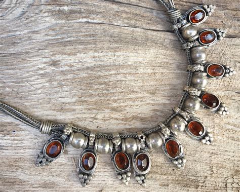 Indian Tribal Sterling Silver Choker Necklace With Amber Amulets Vintage Rajasthan Ethnic Jewelry