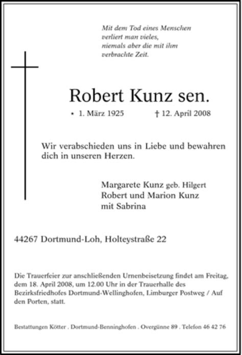 Traueranzeigen Von Robert Kunz Trauer In Nrw De