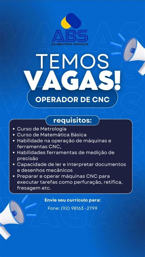 Empresa Seleciona Para Vaga De Operador De Cnc Envie Seu Curr Culo