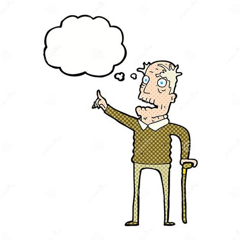 Cartoon Old Man With Walking Stick With Thought Bubble Stock