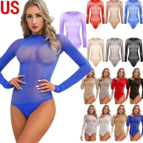 Us Womens Sheer See Through Bodysuit Round Neck Long Sleeves Jumpsuit