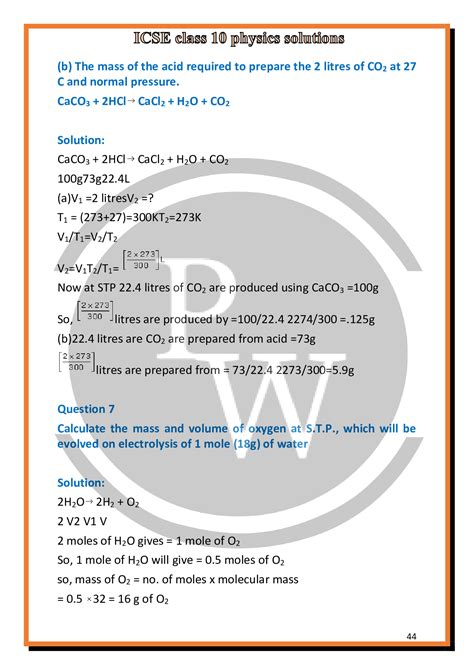 ICSE Class 10 Chemistry Solutions For Chapter 5 Mole Concept PW