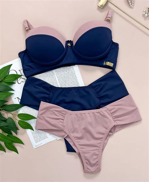 Conjunto de Lingerie Bicolor 3 peças Nude Azul Marinho Dolce Pecado