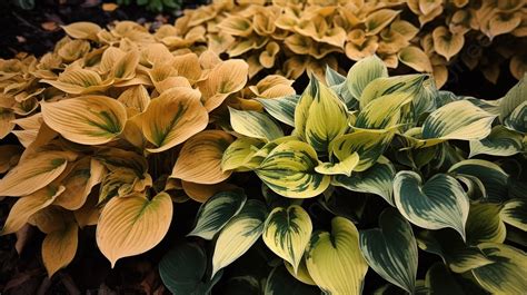 Gold And Yellow Hostas Grown In The Garden Background Variety Of