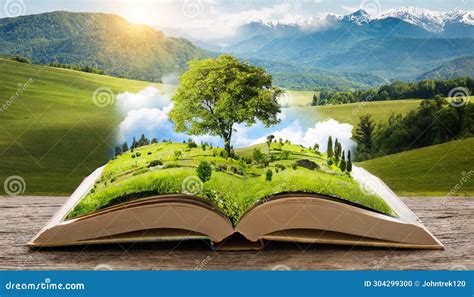 Open Book with Nature Landscape Stock Illustration - Illustration of ...