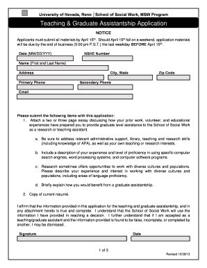 Fillable Online Unr Teaching Graduate Assistantship Application Fax