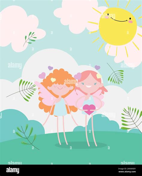 Happy Valentines Day Cute Cupids With Hearts Love Romantic Meadow