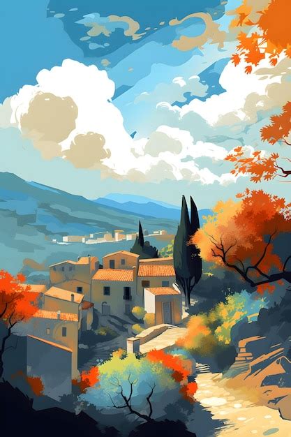 Premium Photo Greece Landscape Vibrant Colors Hand Drawn Style