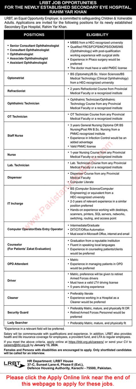 Lrbt Secondary Eye Hospital Rahim Yar Khan Jobs December