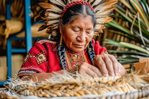 Mujer Indígena Con Vestimenta Tradicional Artesanía De Canastas