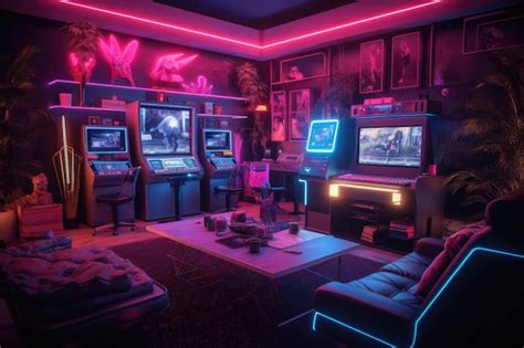 Premium AI Image | Gaming room Neon illuminated room with computers ...