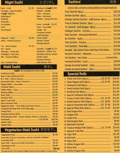 Menu at Kabuki Sushi restaurant, Pitt Meadows