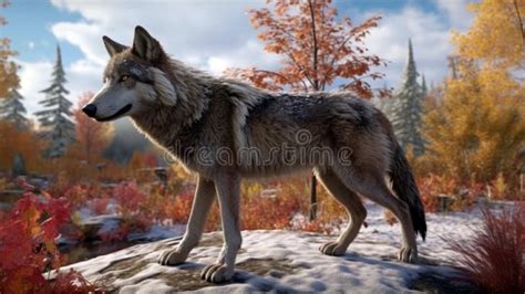 A Lone Timber Wolf Or Grey Wolf Canis Lupus Standing In Autumn And