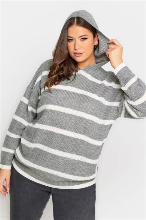 Yours Curve Grey Striped Hooded Jumper Yours Clothing