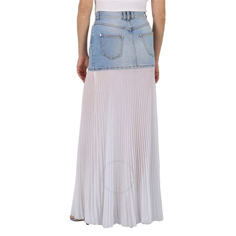 Balmain Ladies Long Blue And White High Waist Denim Pleated Skirt