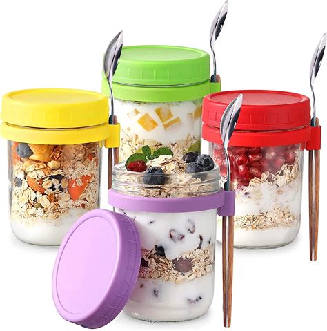 4pcs Overnight Oats Container Jar With Lids And Spoon Reusable Yoghurt