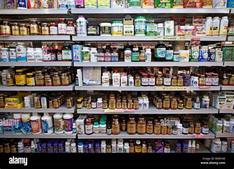 Vitamin And Herbal Supplement Display Shelves In A Health Food Store