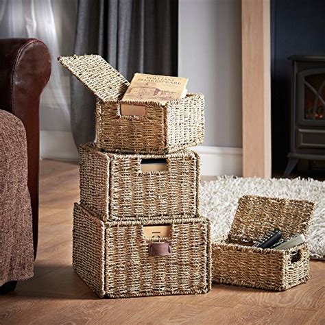 Vonhaus Set Of 4 Seagrass Storage Baskets With Lids And Insert Handles Ideal For Home And