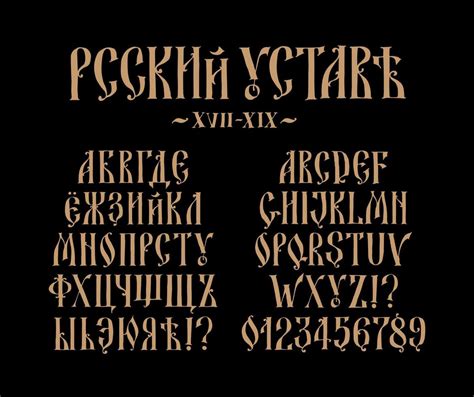 The alphabet of the Old Russian font. Inscription in Russian and English. Russian style 17-19 ...