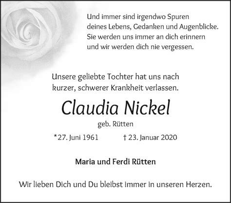 Traueranzeigen Von Claudia Nickel Trauer Und Gedenken