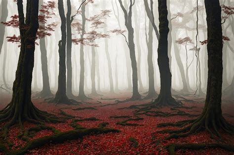 Bosque Con Niebla Y Hojas Rojas En El Suelo Foto Premium